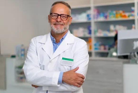 Farmacista sorridente con scaffali alle spalle
